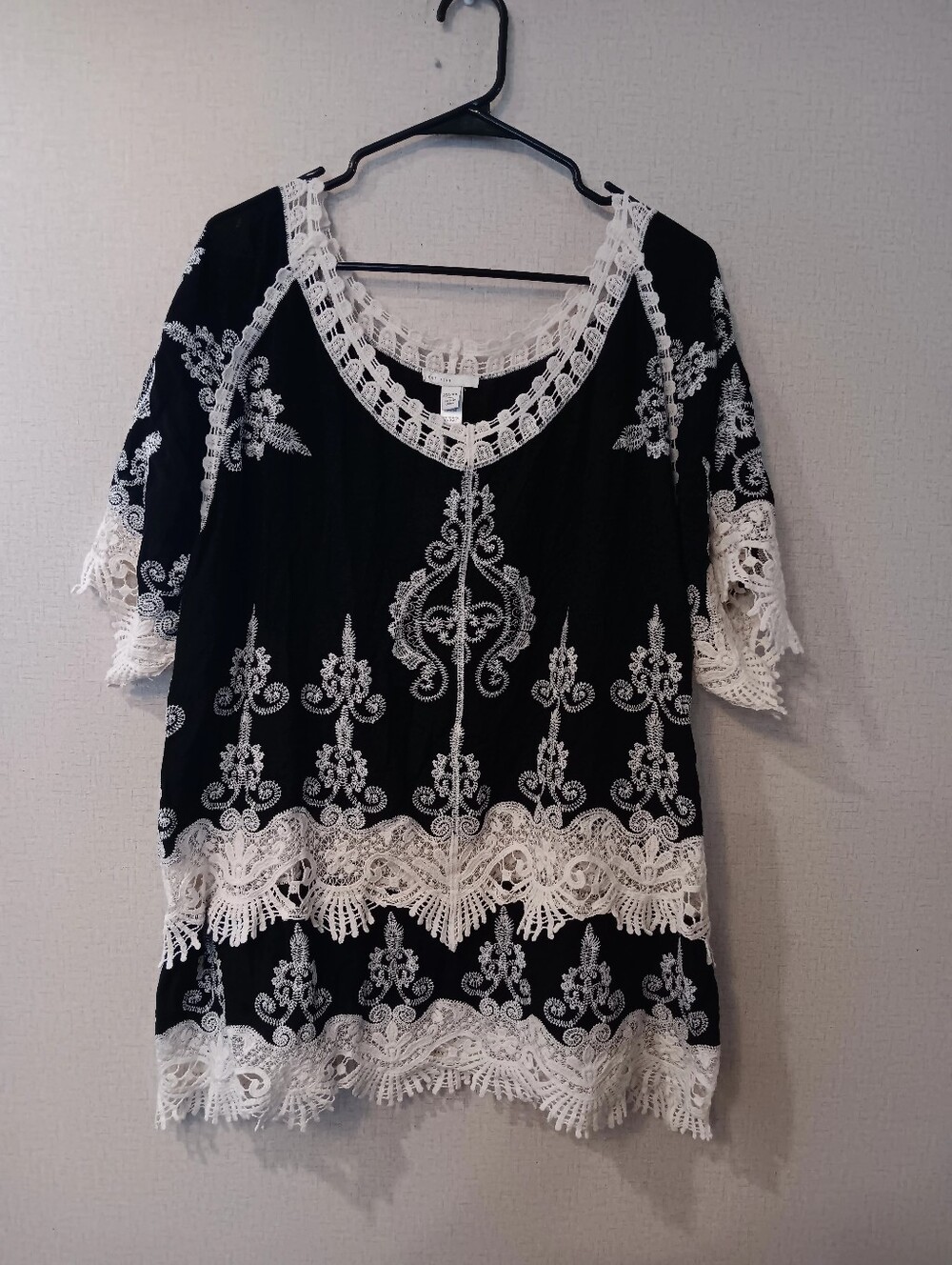 C Est.1946 Black Lace-Trim Scoop Neck Tunic Top with White Embroidery